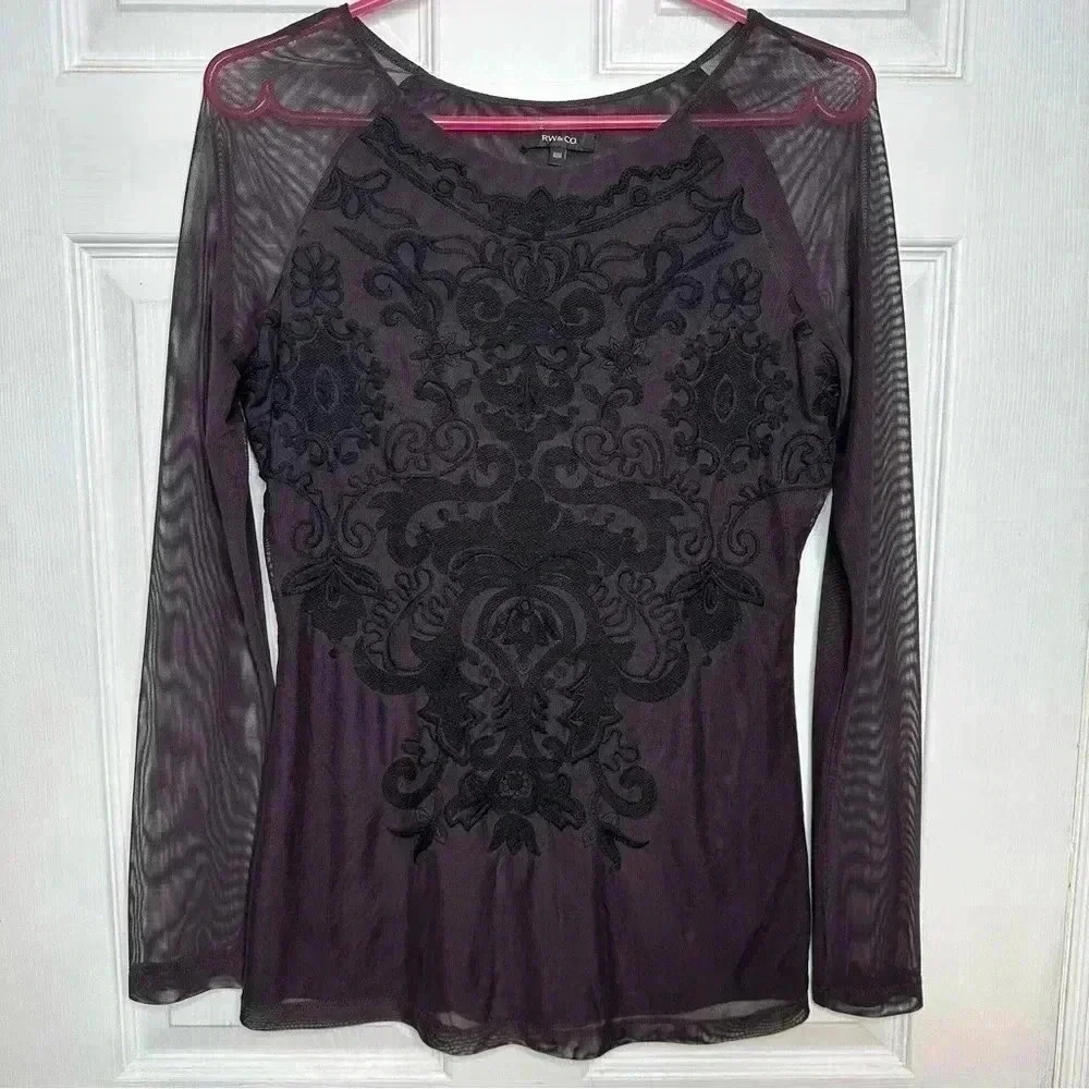 RW&CO Shirt Long Sleeved Sheer Mesh Floral Black & Purple Size Medium